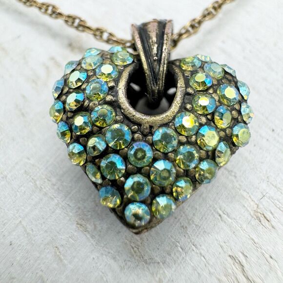 Vintage Gold Filled Pave Aurora Borealis Rhinestone Puffy Heart Pendant Necklace - Picture 7 of 12